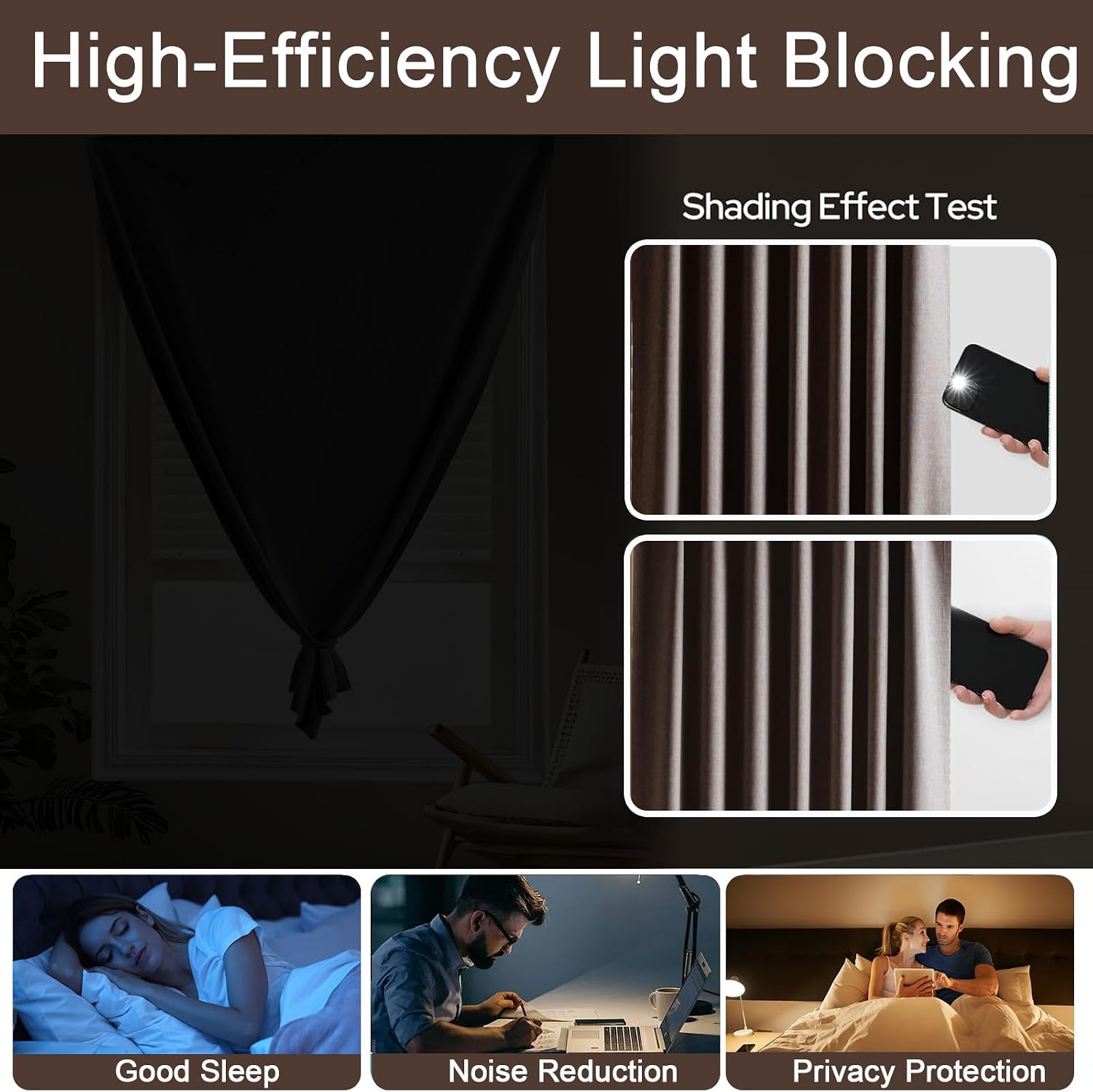 100% Blackout Stick on Curtains - No Drill, 100% Privacy Shield, Temporary Use (Dark Coffee - W46 × L72 in)