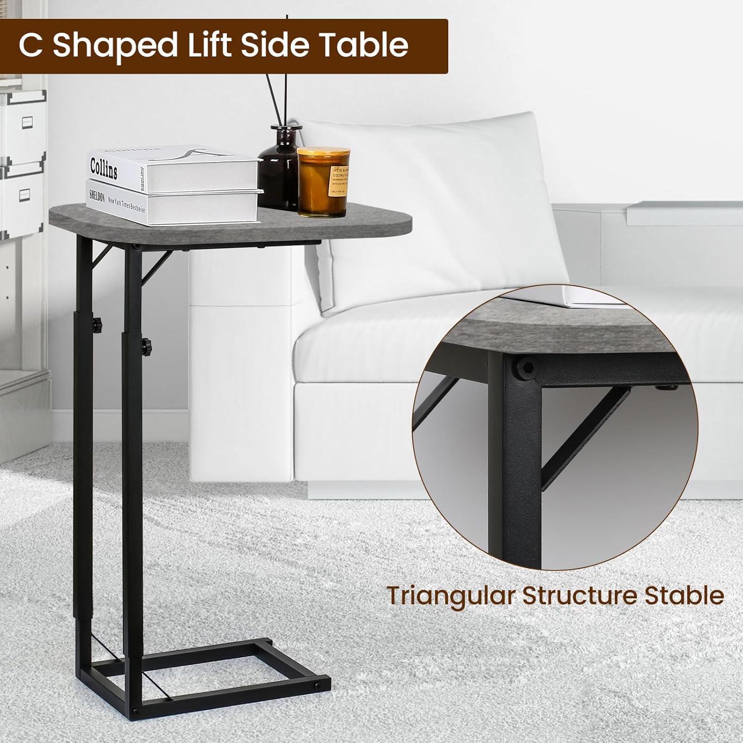 C-Shaped End Table for Couch, Adjustable Sofa Side Table with Sturdy Metal Frame, Small Space Rustic Gray TV Tray Table for Living Room, Bedroom, Bedside, Modern Functional Accent Furniture