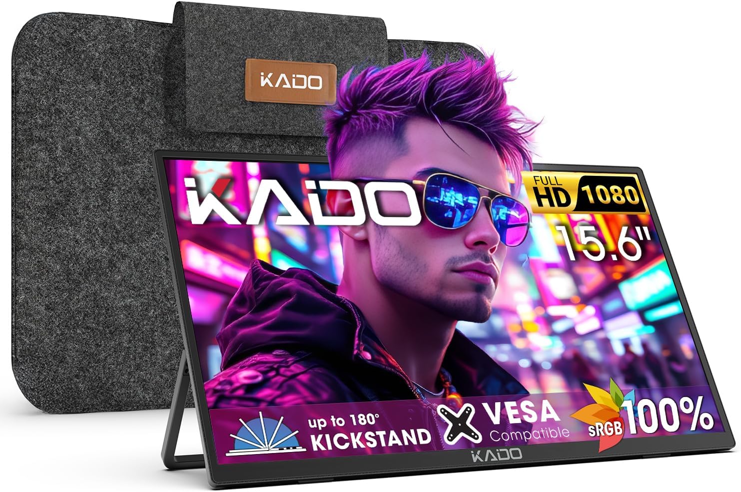 Product image of Kado Portable Monitor 15.6'' FHD, 100% sRGB Ultra-Slim Laptop Monitor 1920x1080, 1080p IPS Second Display 180° Kickstand Carrying Case for PC, Mac, Phone, Dex, Xbox, PS5, USB-C & HDMI Connectivity