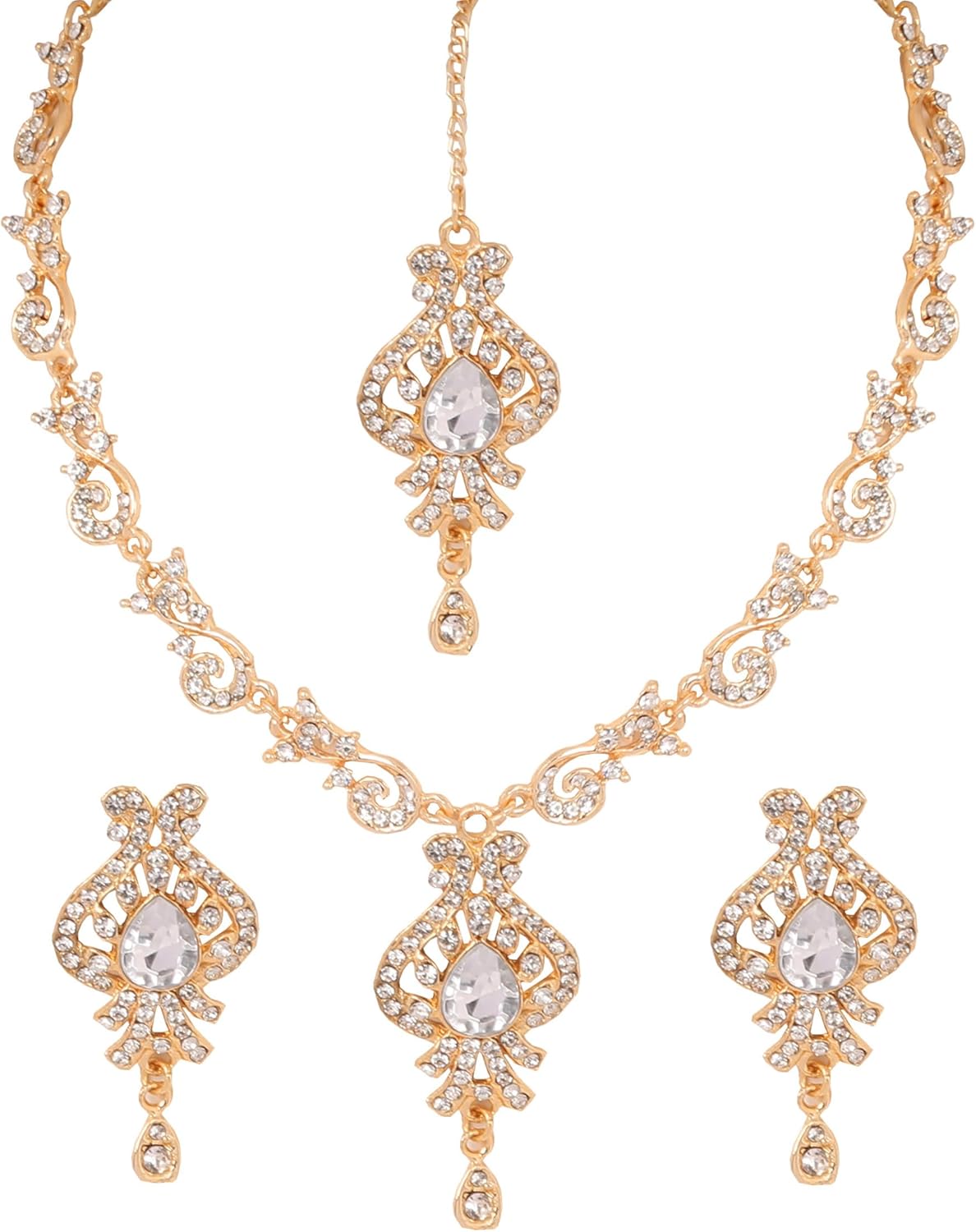 Touchstone Indian Bollywood Modern Style White Rhinestone Designer Jewelry Necklace Set in Gold Or White Or Red Tone for Women.