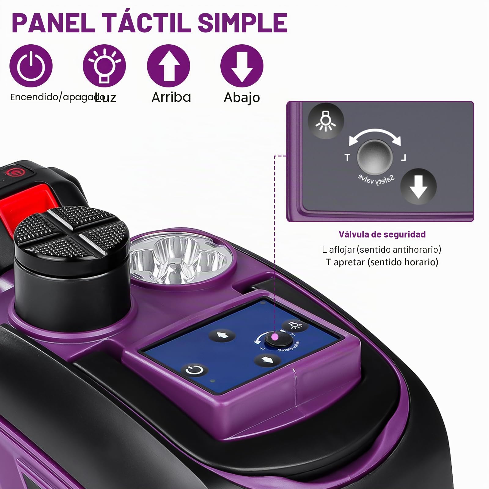 Gato Hidráulico Electrico Coche 5T con Batería 12V 2.0Ah, Altura 15-45cm | con Bomba Inflable y Luz LED, Gato Elevador para Auto/SUV/Camión, Cambio de Neumáticos