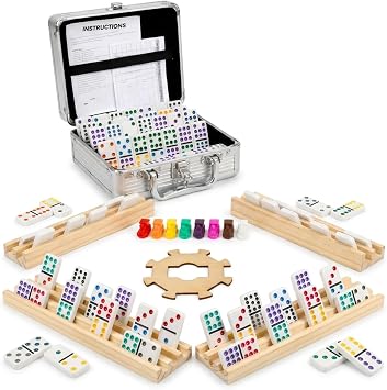 Playbees Mexican Train Dominoes Set with 4 Wooden Trays 91 Double 12 Color Dot Dominoes, Aluminum Storage Case, 9 Train Markers, Hub Starter Tile & Scorepads Complete Family Board Game
