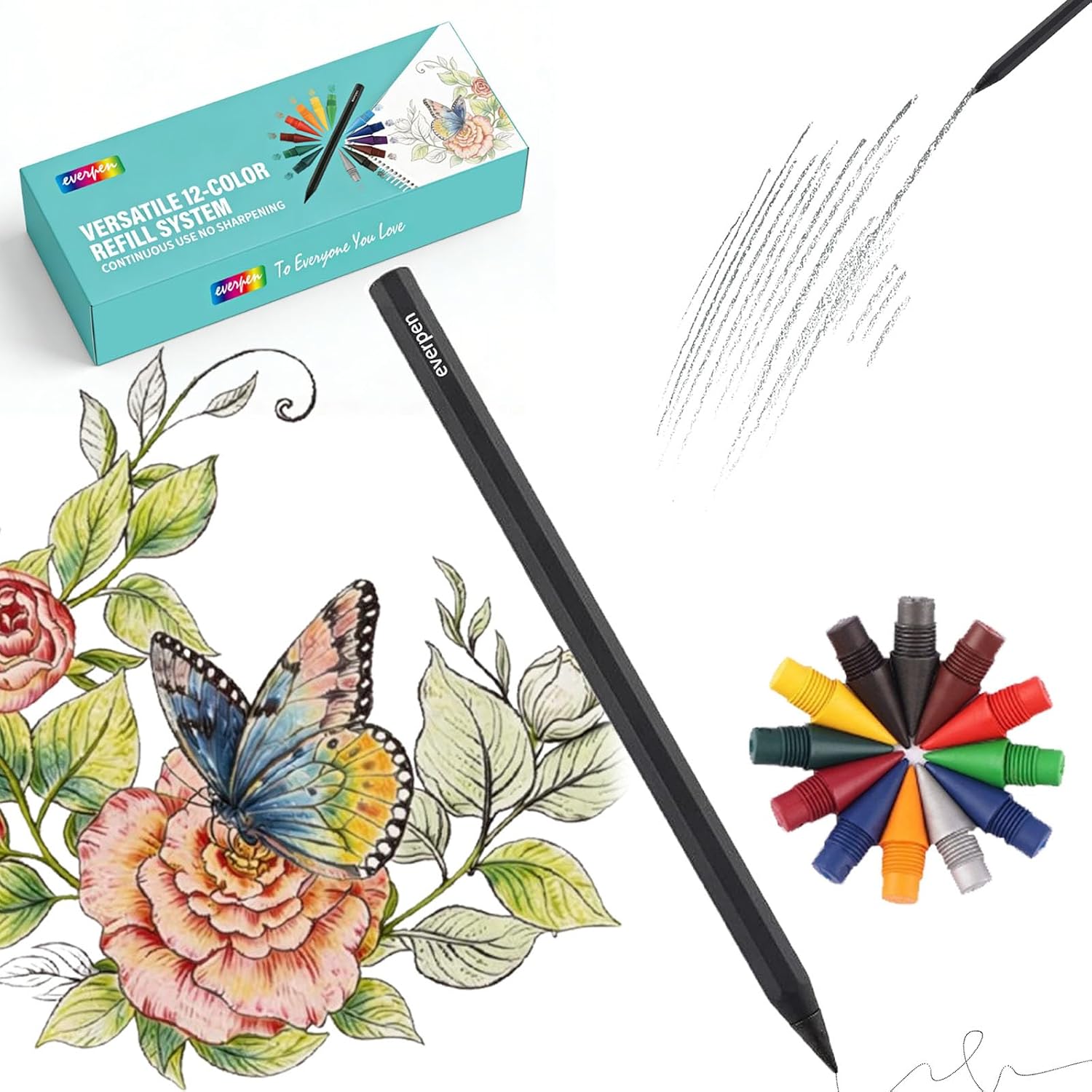 Forever Pencil,Metal Alloy Writing Instrument, with 12 Colored Refill Tips, No Sharpening Required, Pencils for Drawing, Sketching and Writing,Bonus Gift Storage Box(Black,Includes Gift Box)