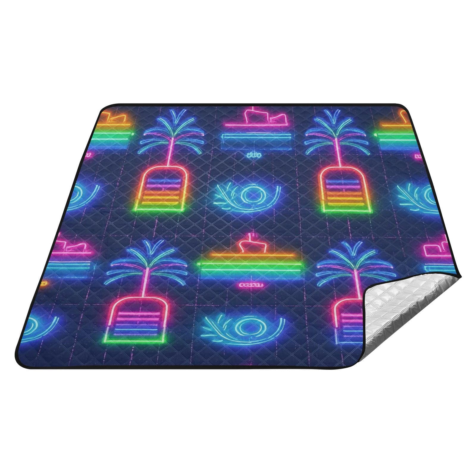 Manta de picnic impermeable de verano con diseño de barco de neón y cocotero, resistente al agua, manta de playa grande para picnic en el suelo