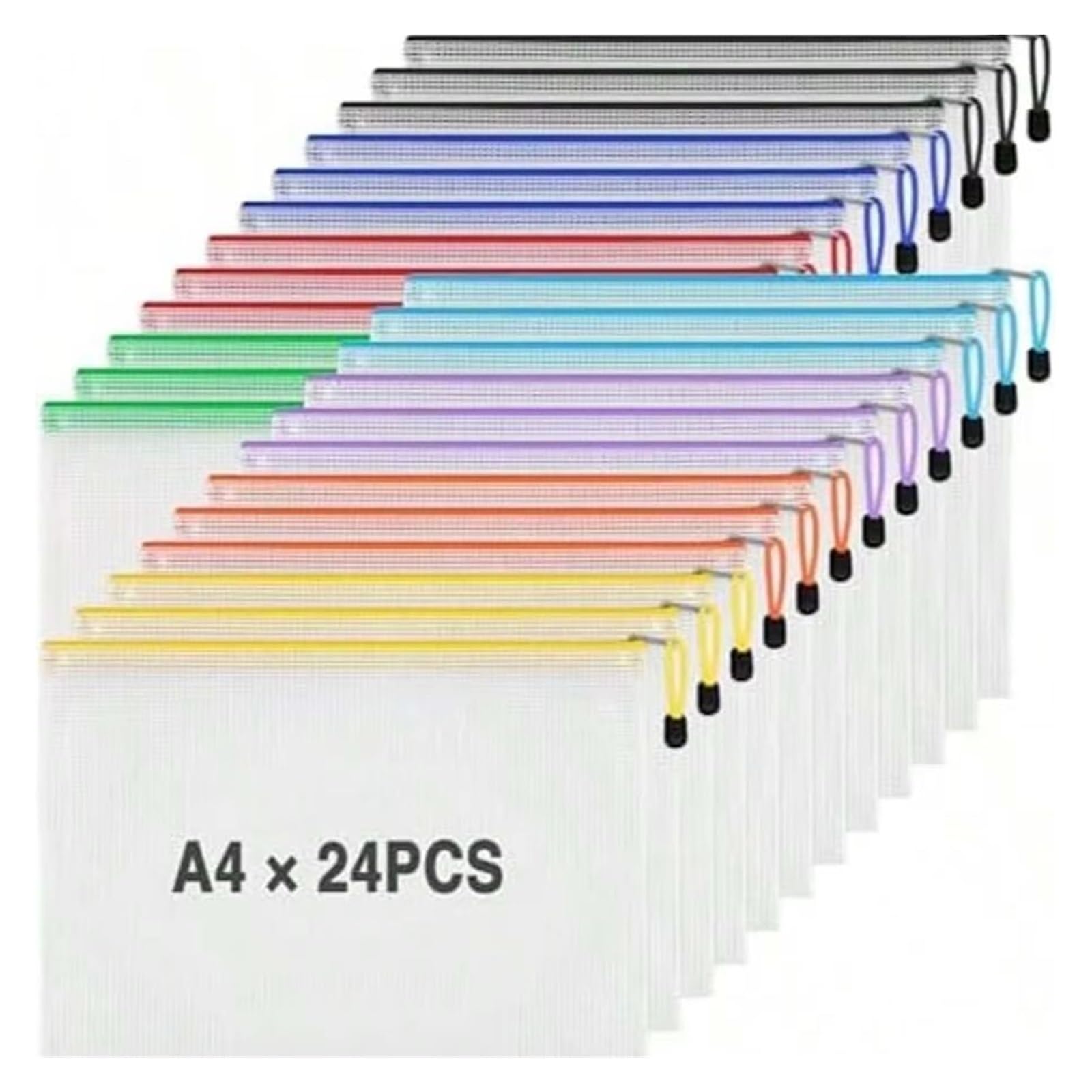 Lot de 24 pochettes à documents A4 en plastique avec fermeture éclair pour étudiants, papeterie, voyage, bureau, maison, rangement de documents