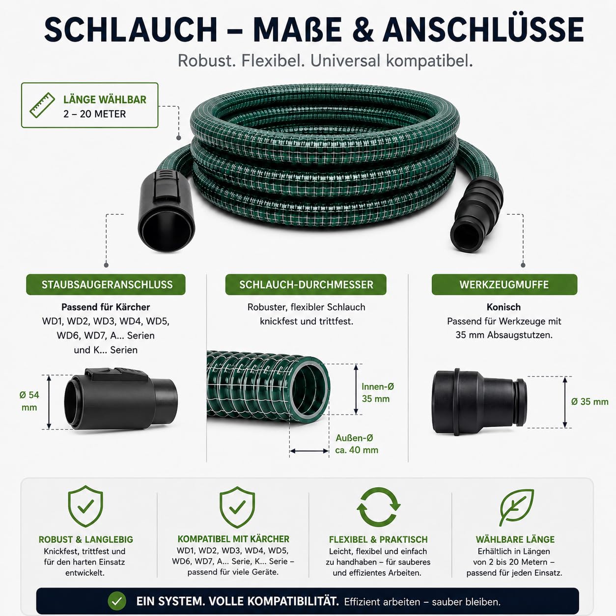 Saugschlauch MADE IN GERMANY - Industrieschlauch kompatibel für ALLE Kärcher WD1 WD2 WD3 WD4 WD5 WD6 WD7... und A 2... Modelle - mit Stahlfeder - Extrem robust und flexibel - Bestleistung beim Saugen