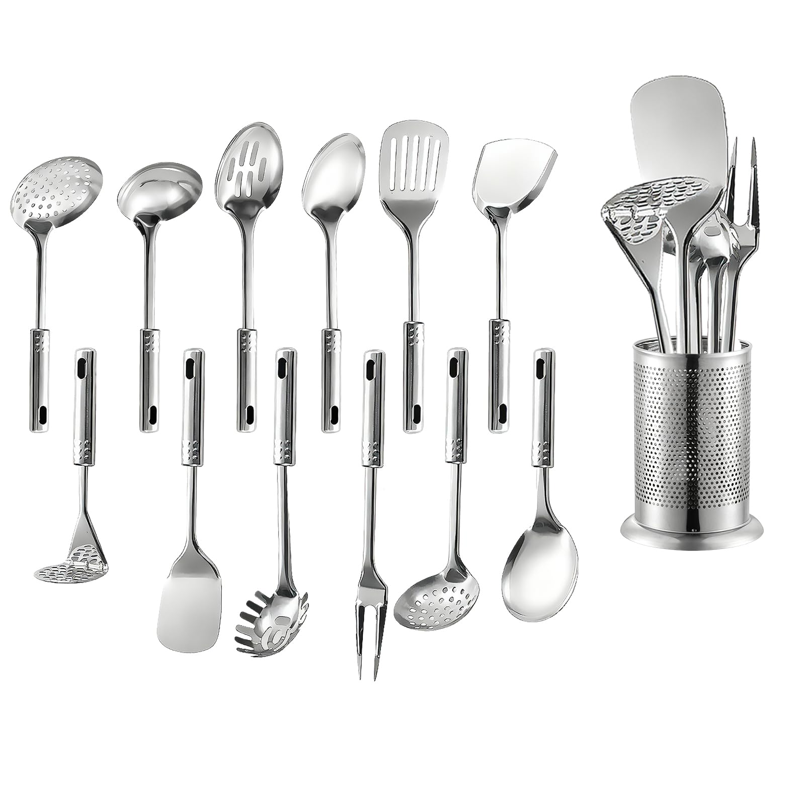 Premium Set of 13 Pieces Stainless Steel Kitchen Tool Set with Holder, Easy to Clean, Space Saving, Great for Cooking, Baking Prepping