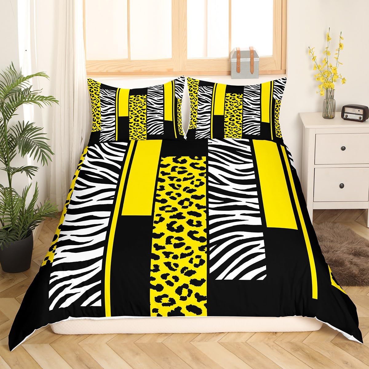 richhome Yellow Black White Leopard Bedding Set for Girls Boys Kids Single Size Cheetah Comforter Cover Set Room Decorative Animal Duvet Cover Safari Zebra Bedspread Cover 2Pcs Bedclothes - Image 4