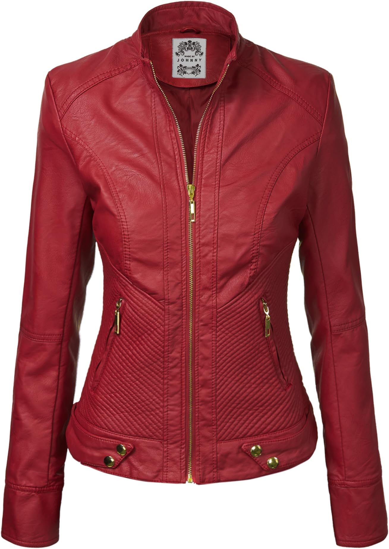 MBJ Womens Faux Leather Zip Up Moto Biker Jacket with Stitching Detail