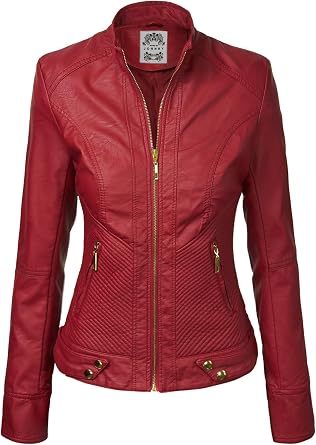 Made By Johnny MBJ Womens Faux Leather Zip Up Moto Biker Jacket with Stitching Detail