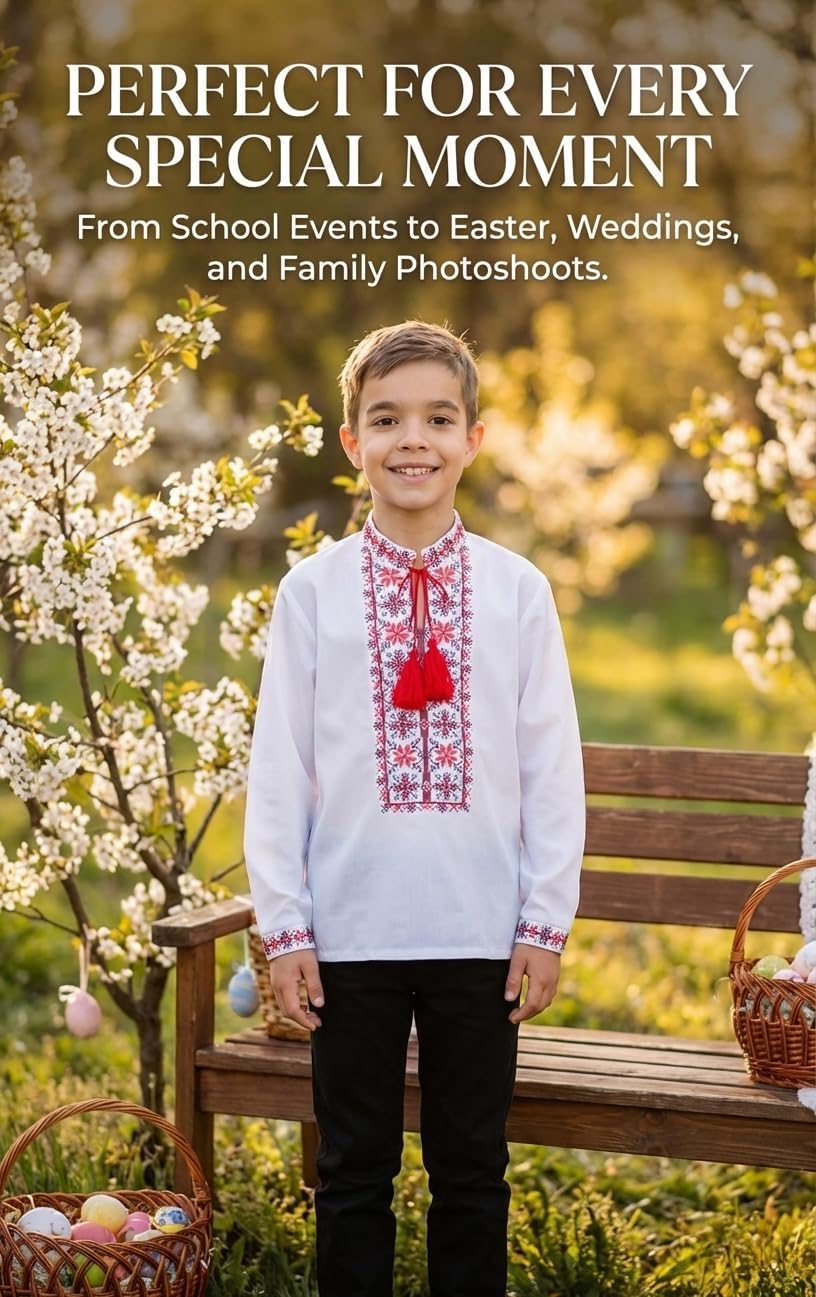 Skrynia Boys' White Embroidered Shirt Red Black Geometric Vyshyvanka Long Sleeve School & Holiday Top Comfortable Fit