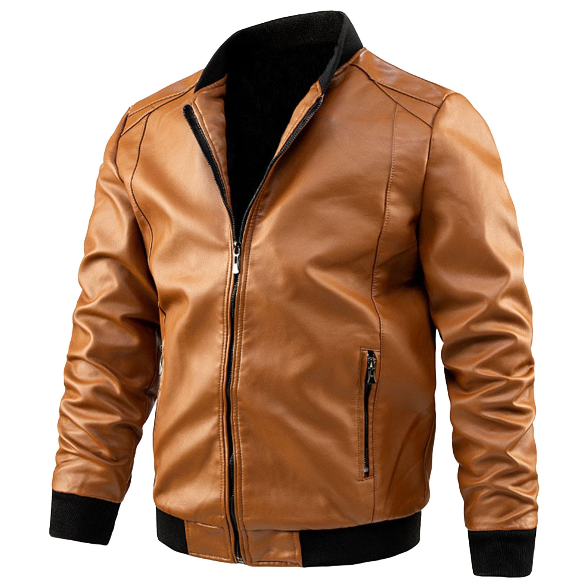 JEKE-DG Mens Full Zip Vintage Leather Jacket Motorcycle Slim Fit Leather Jacket Casual Stand Collar Outerwear Coat (7X-Large,Khaki)