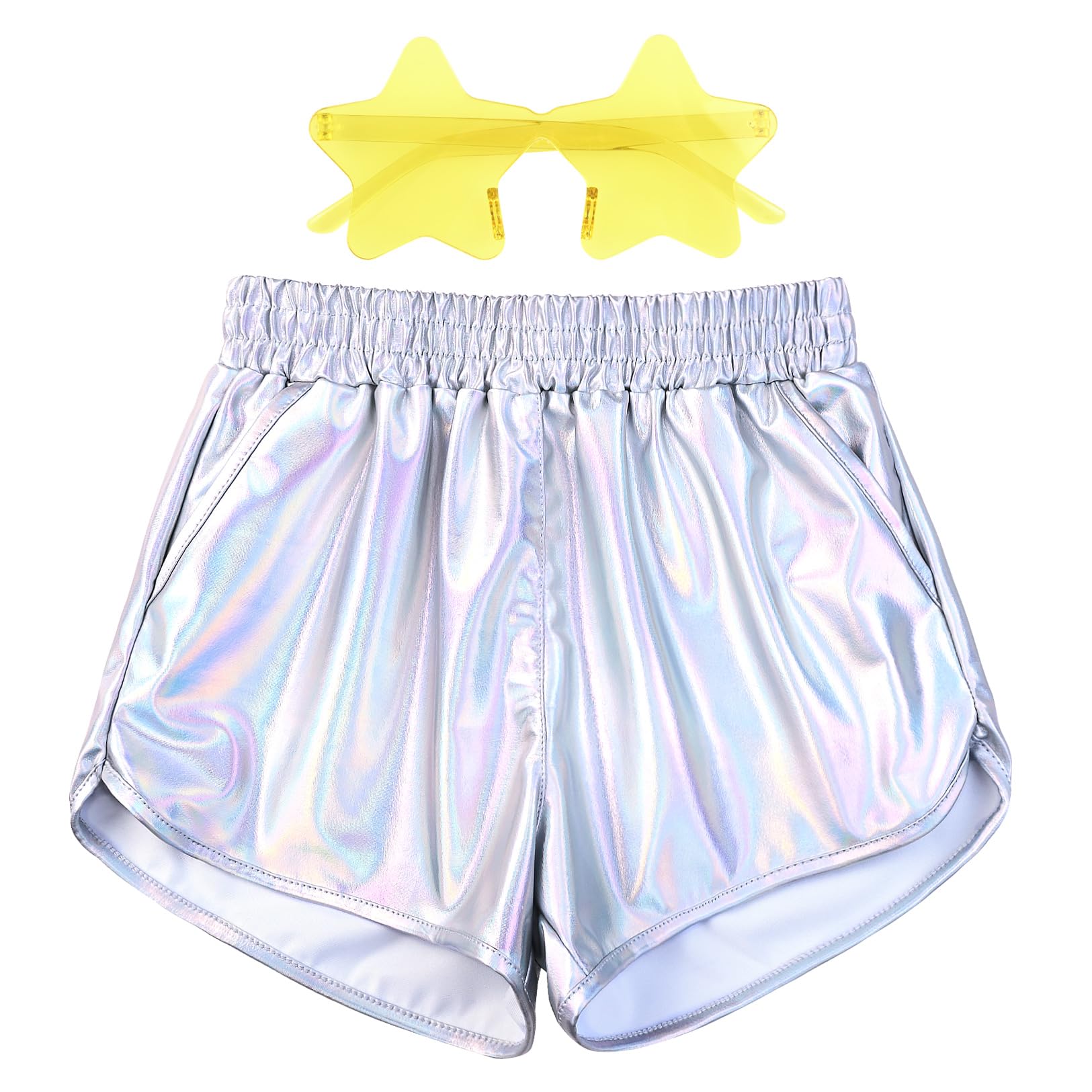 Mirawise Girls Metallic Shorts Shiny Hot Pants Sparkly Dance Outfits Short Pants with Sunglasses