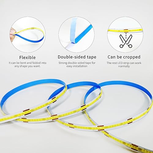 Miniatura 6 de COB - Tira de luces LED de 100 pies, 3000 K CC 24 V, regulable, blanco cálido, tira de luces LED flexibles para dormitorio, con control remoto y