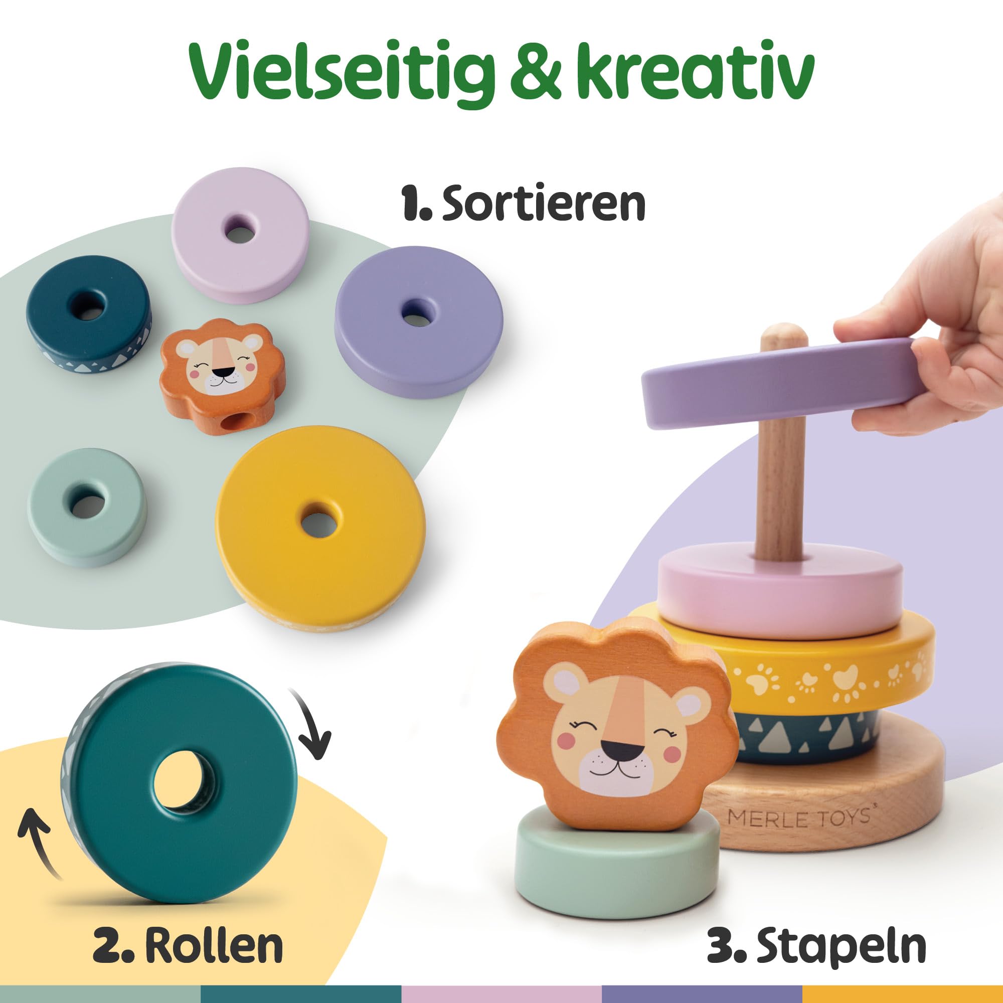 Merle Toys® Holz Stapelturm ab 1 Jahr, Baby Stapelturm Holz, 100% FSC, Löwe – Ansicht 3