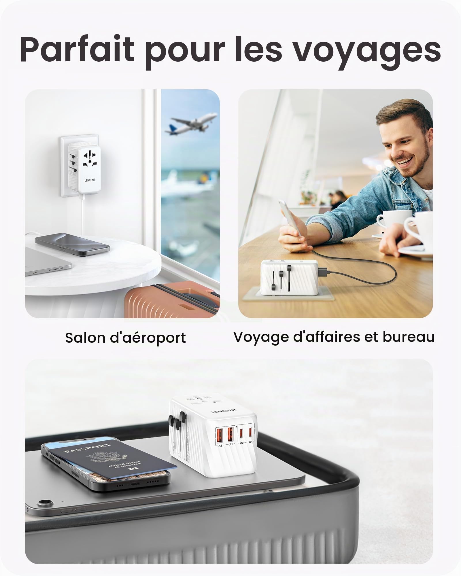 LENCENT 100W GaN3 Adaptateur Prise électrique 2 PD3,0 USB C+2 QC USB A
