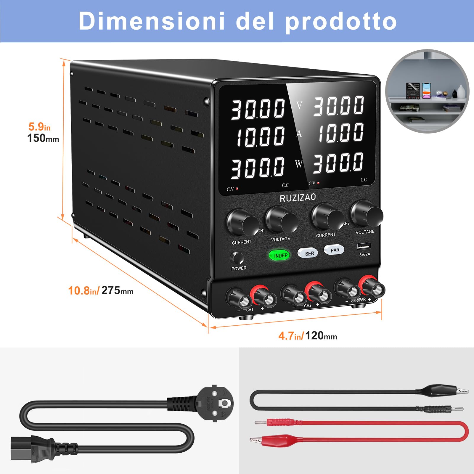 Alimentatore da Banco 30V 10A 300W Doppio Alimentatore Corrente Continua Alimentatore Laboratorio 60V10A/30V20A Regolabile in Serie/in Parallelo con 4 in 1 Doppio 0-30V 0-10A, Manopola Encoder