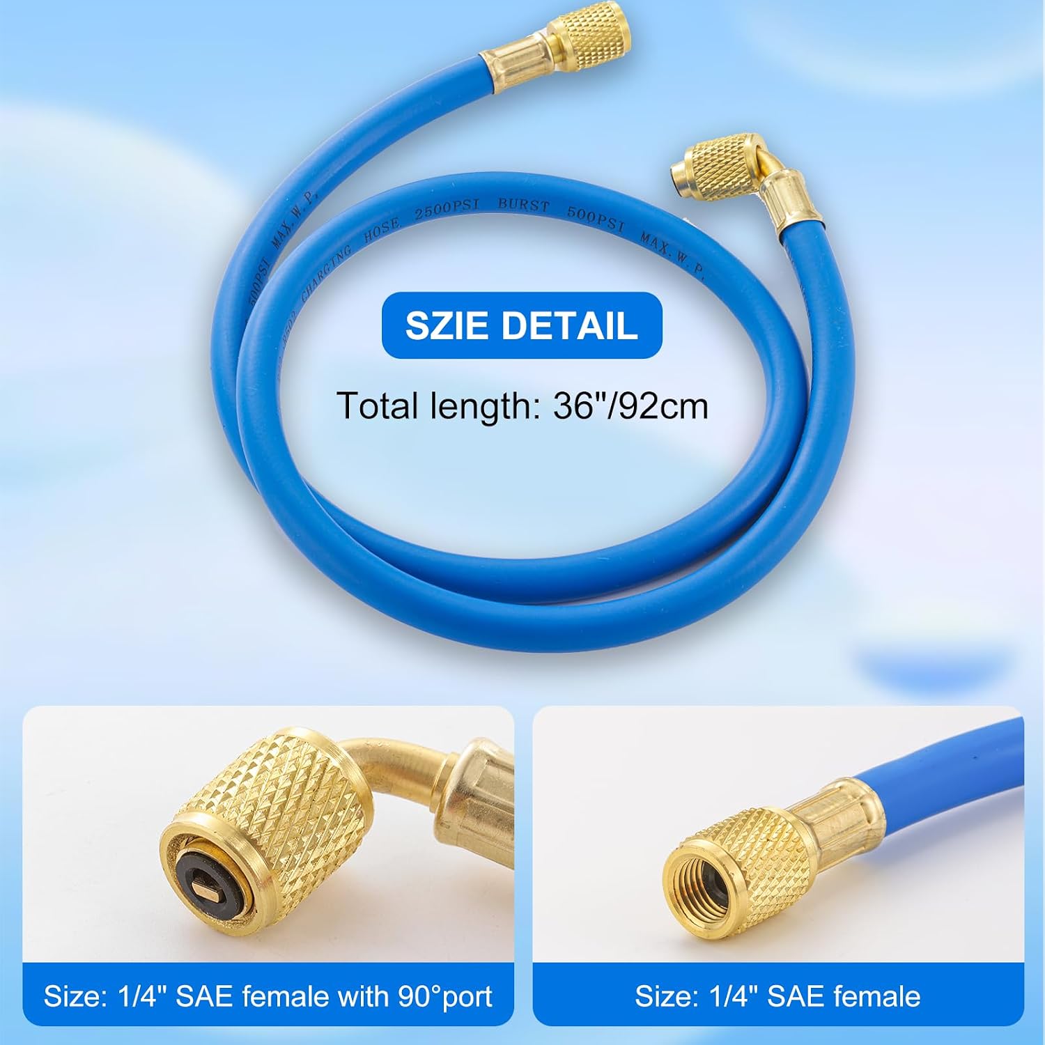 90 Degree Refrigerant Charging Hose, R404A AC Hoses with 1/4" SAE Female Flare, 90 Degree Adapter for R404 R22 R12 R502 Air Conditioner Refrigeration Maintenance, 500-2500PSI-36'' Blue