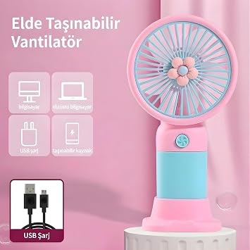 Coverzone El Tipi Mini Fan, 250mAh Batarya, USB Şarj Edilebilir, Doğal Rüzgar Özelliği, Taşınabilir ve Kompakt Tasarım, Seyahat ve Ofis İçin İdeal, Yüksek Performans, Serinletici Etki (Mavi Papatya)