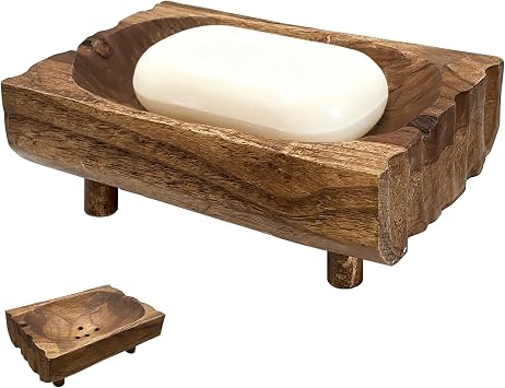 Natural Teak Wood Soap Holder, Automatic Draining Soap Tray with Drain Holes, Handmade Rustic Soap Dish & Countertop Soap Saver Stand for Bathroom and Kitchen