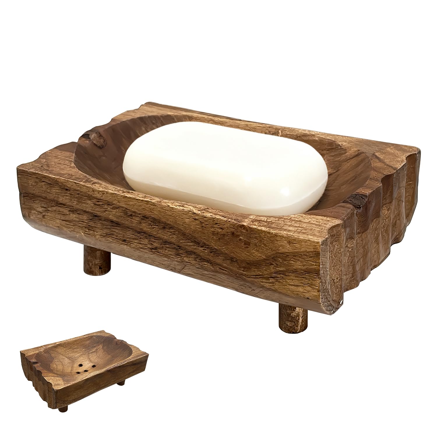 Natural Teak Wood Soap Holder, Automatic Draining Soap Tray with Drain Holes, Handmade Rustic Soap Dish & Countertop Soap Saver Stand for Bathroom and Kitchen