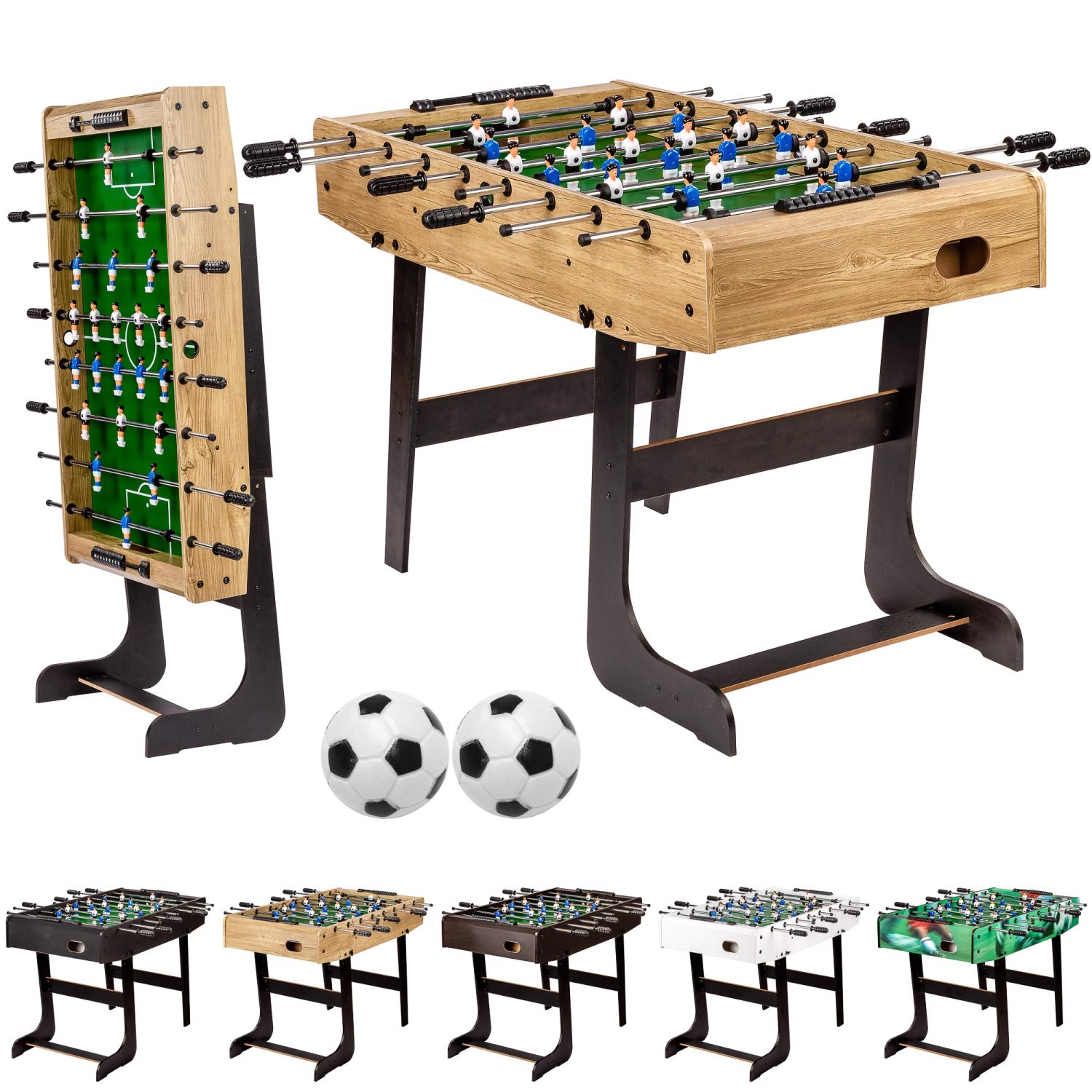 GAMES PLANET Tischfussball „Belfast“, klappbar, Farbvarianten: Schwarz/weiß/Holzdekor hell oder Dunkelbraun/Soccer, nahtlos hochgezogene Spielfeldecken, inkl. 2 Bälle, Kicker Kickertisch Tischkicker