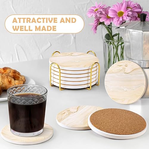 Miniatura 2 de GOH DODD Juego de 6 posavasos para bebidas, de cerámica, absorbentes, estilo mármol, protección de mesa, decoración del hogar con soporte de metal