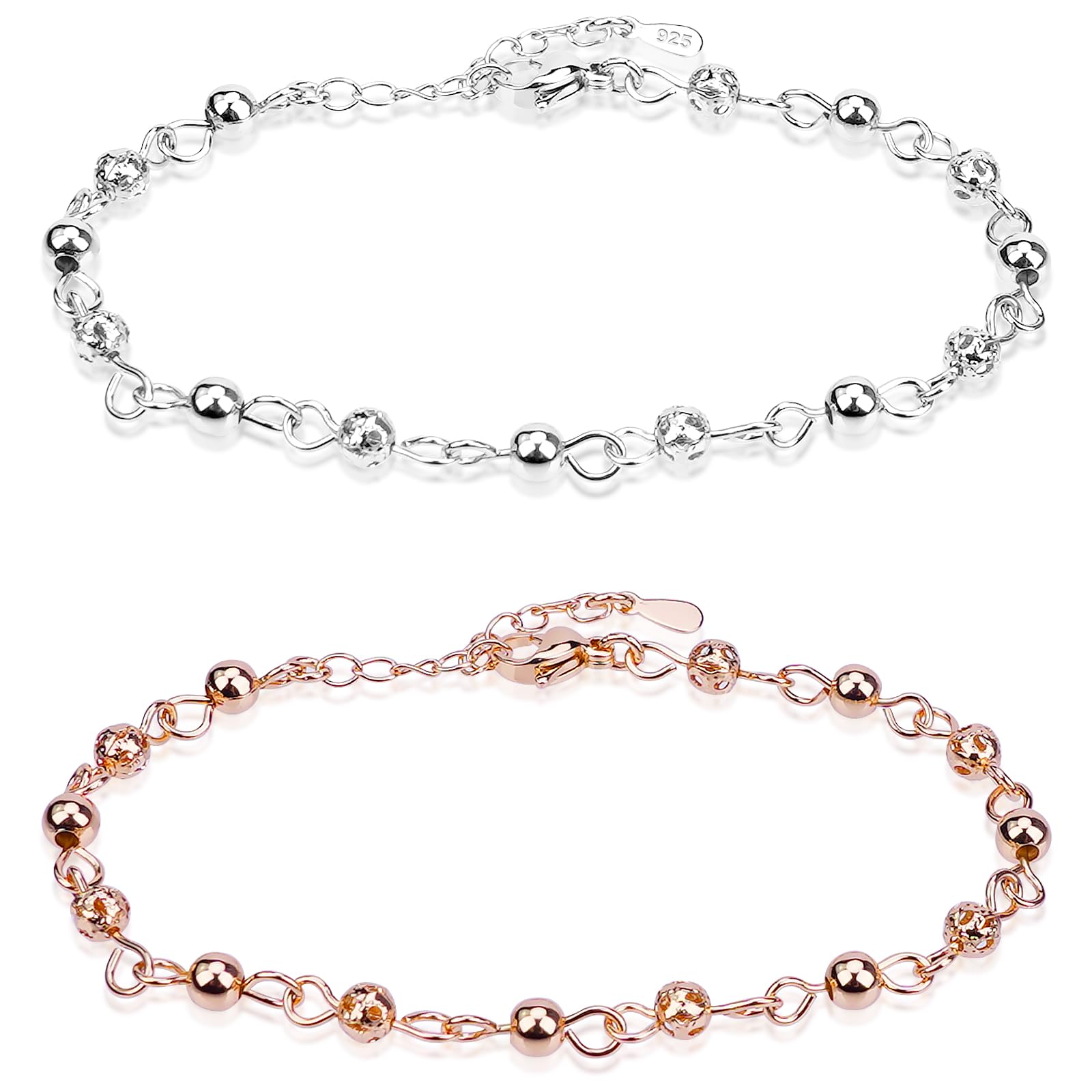 FantasyonPulseras para Mujer, Pulsera Plata Mujer 925 de Bolas Ajustable, Brazalete Mujer Día de la Madre, Cumpleaños, Navidad, San Valentín, Mujeres Niñas Día de la Madre Regalo de Joyería, 2 Piezas