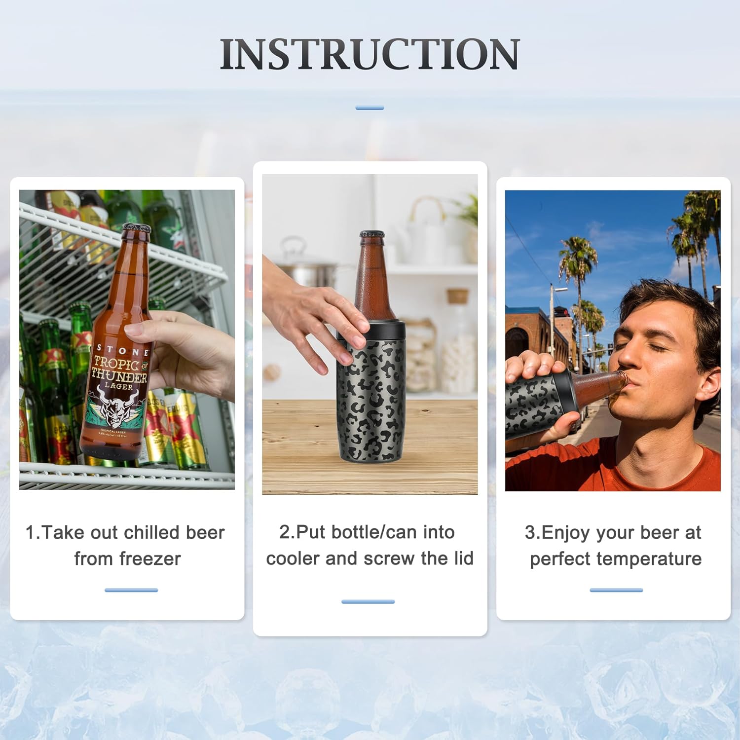 MAXSO Slim Can Cooler, 4-in-1 Double Walled Stainless Steel Insulated Beer Can Holder, Works With All 12 Oz Cans,Bottles & As A Pint Cups - Black Leopard - Image 3