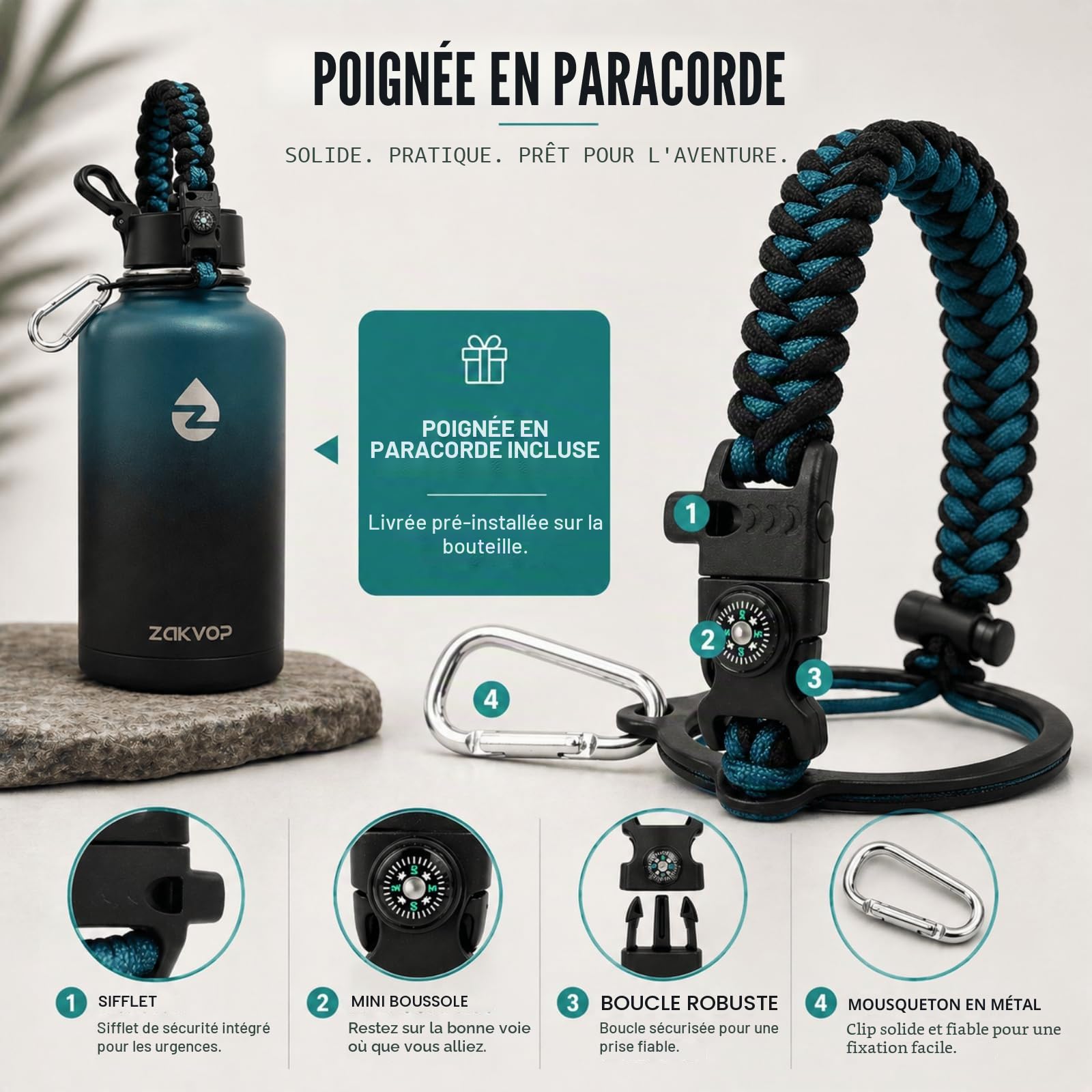 Gourde Isotherme 2l, Bouteille Isotherme avec Pailles et 3 Couvercles, Gourde Inox avec Poignée en Paracorde, Gourde 2l Étanche Sans BPA