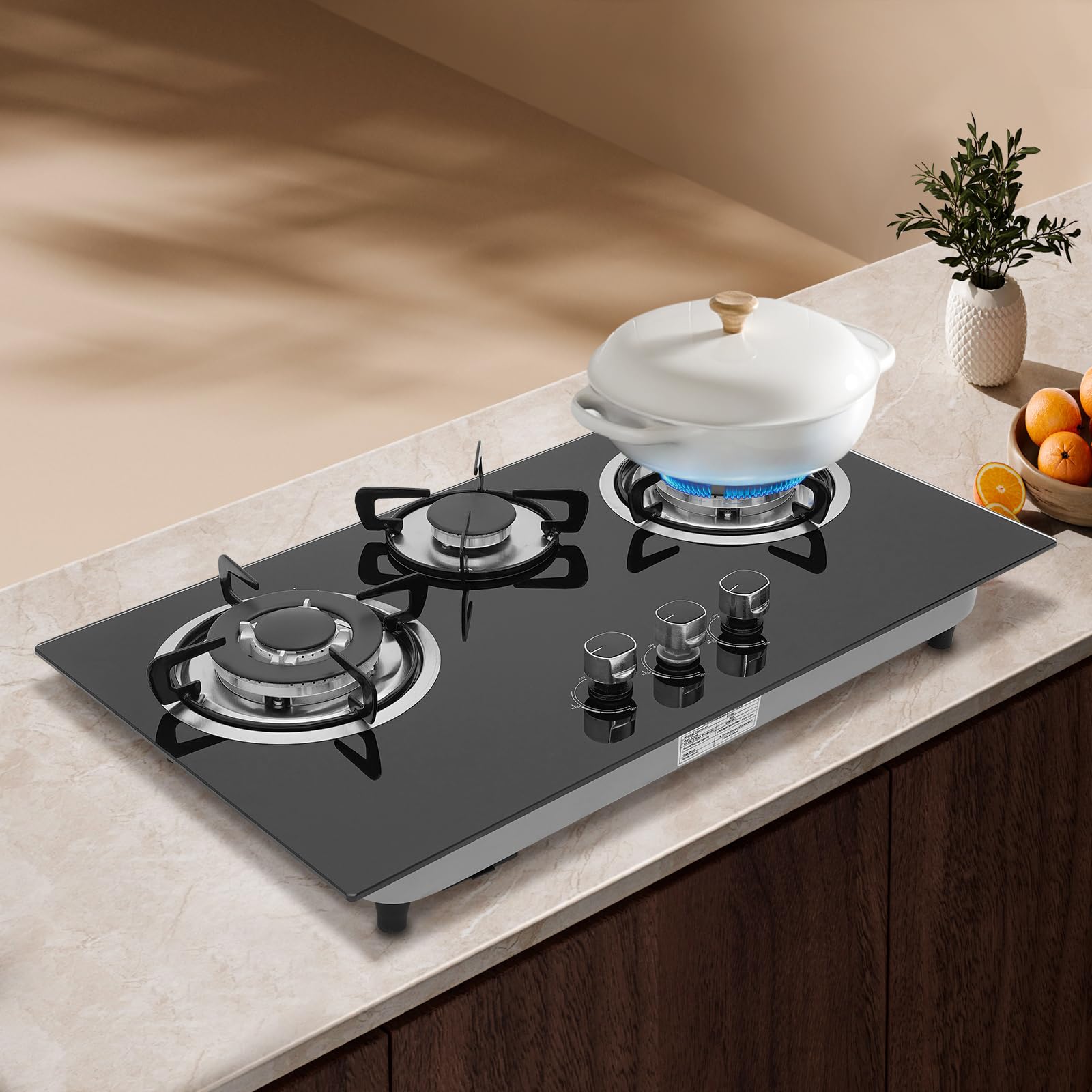 Fornello a gas in vetro da incasso, piano cottura a gas a 3 fuochi Gas Stove, fornello a gas per piani cottura LPG/NG, incluso supporto per pentole, telaio smaltato e testa del forno in alluminio