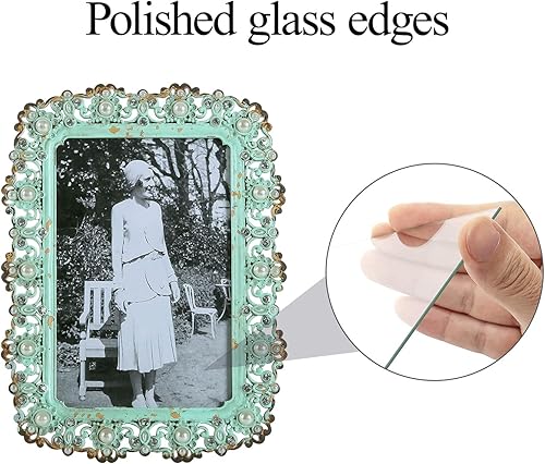 Miniatura 5 de NIKKY HOME Marco de fotos de 4 x 6 pulgadas, color verde antiguo, perla con cristal de alta definición para mesa, escritorio, exhibición vertical,