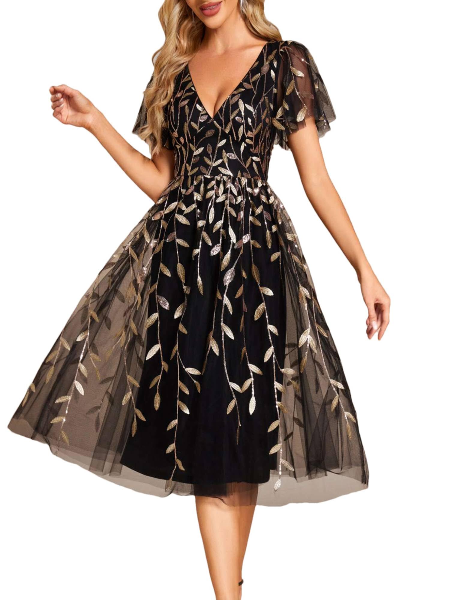 Ever-Pretty Robe Cocktail Femme Midi Paillette et Tulle Col V Manches Courtes EG02230
