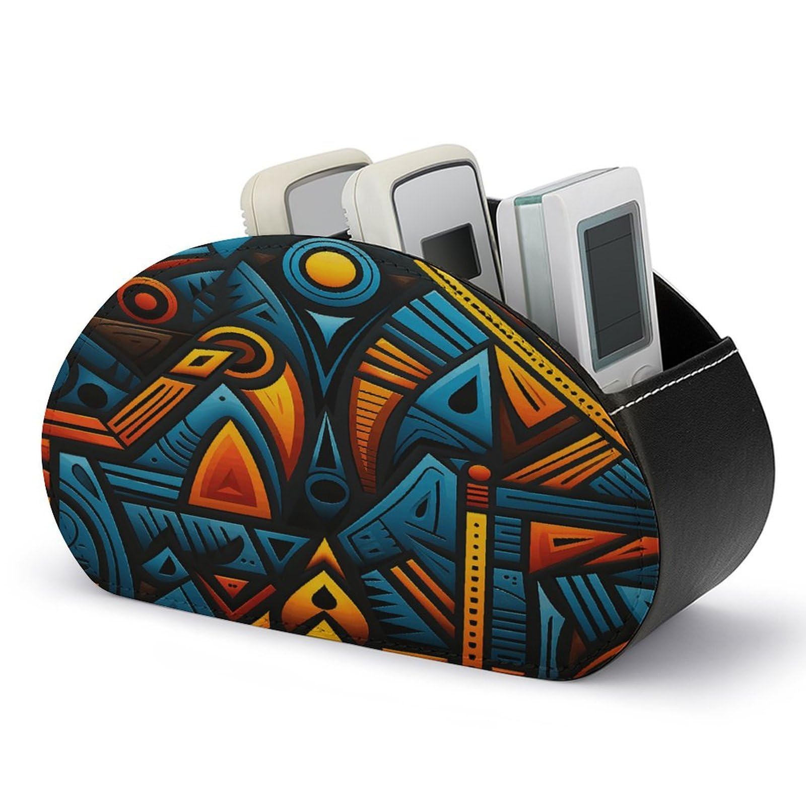 VstaDank African Style Textile Pattern Remote Control Holder Farmhouse TV Media Remote Storage Box with 5 Compartments PU Leather Remote Caddy Desktop Organizer for Home Bedside Table Organizer