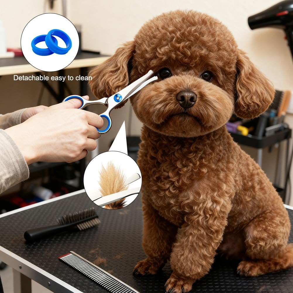 Curved Dog Scissors, Stainless Pet Scissors with Safety Round Tips, Pet Care Accessories for Cutting/Trimming Pet Hair, Blue, 17cm 7