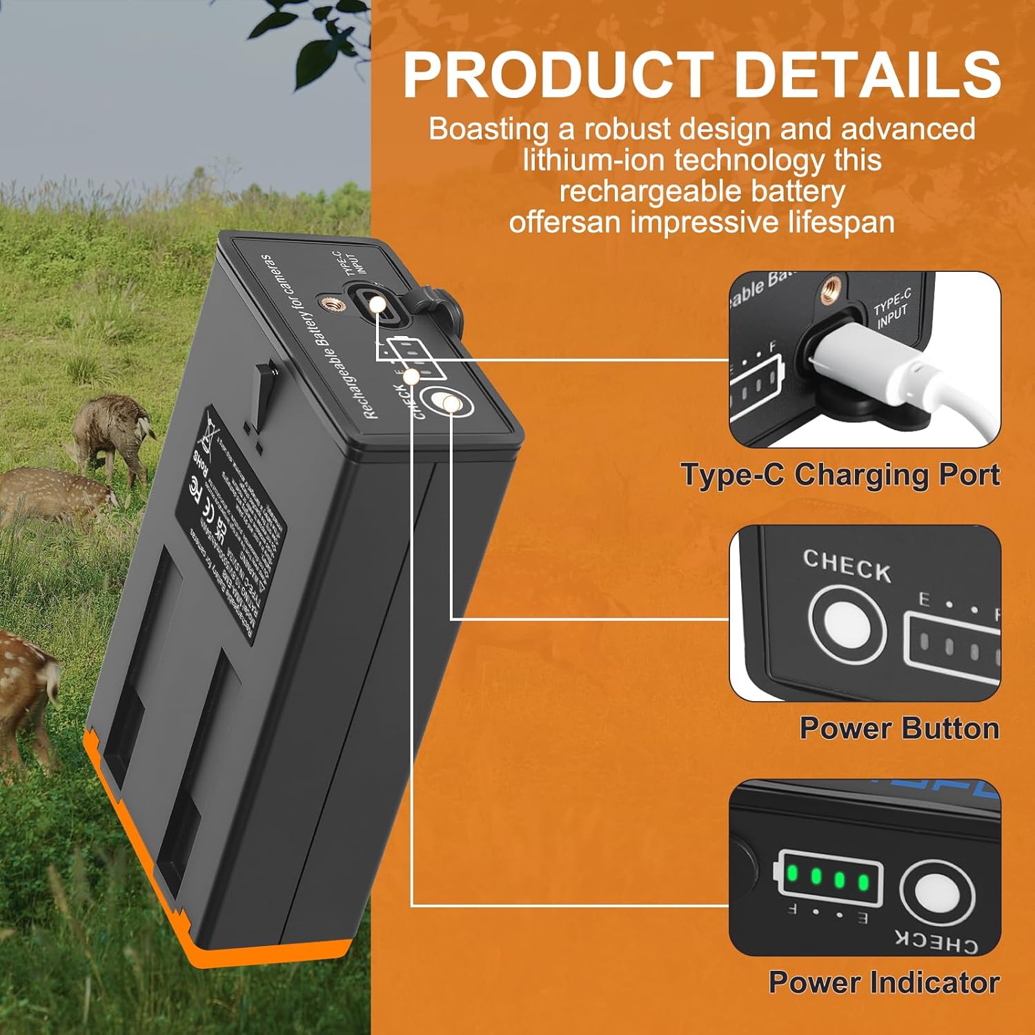 2-Pack Rechargeable Lithium Batteries with USB-C, for Moultrie Edge Series, Edge, Edge 2, Edge Pro,Moultrie Cellular Trail Cameras (2 Batteries)