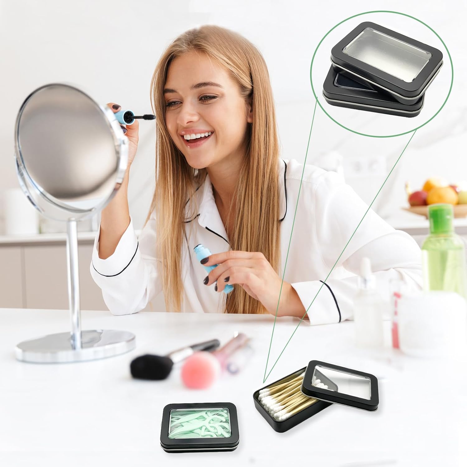 Cotton Swab Holder for Travel, 2 Pcs Portable Small Dental Floss Holder Empty Metal Cotton Ball Holder, Travel Floss Picks Case with Dustproof Lid for Cotton Swabs Hair Ties Floss, Black - Image 2