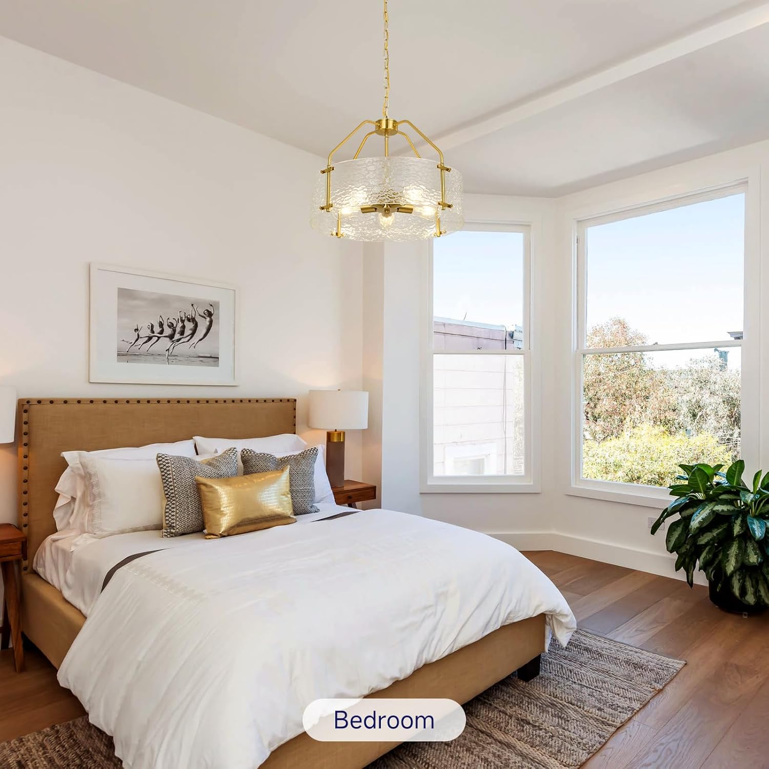 Modern Textured Glass Chandeliers for Dining Room: 20'' Drum Brushed Gold Entryway Light Fixture Hanging - 5 Light Kitchen Chandelier Over Table - Semi Flush Mount Chandelier for Bedroom Hallway Foyer