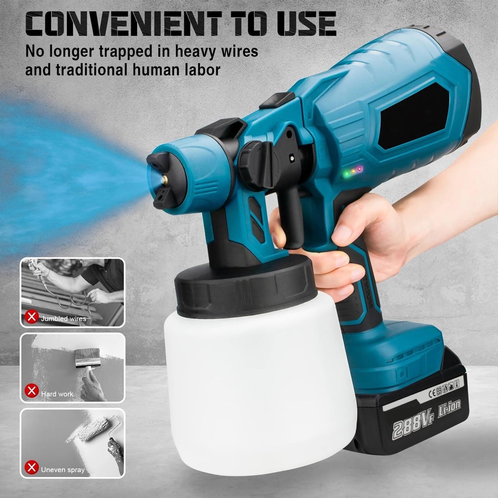 Pulverizador de pintura eléctrico inalámbrico, pistola de pulverización de 1000 ml con 2 baterías y cargador para pintura interior y exterior del hogar, armarios, vallas, techos y paredes