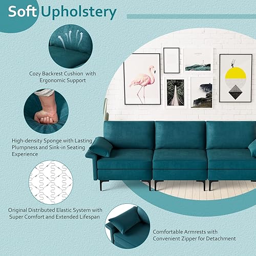 Miniatura 8 de Giantex Sofá modular de 3 asientos, 100.5 pulgadas de largo convertible con puerto USB y tomacorriente, cojín para reposabrazos, sofá modular