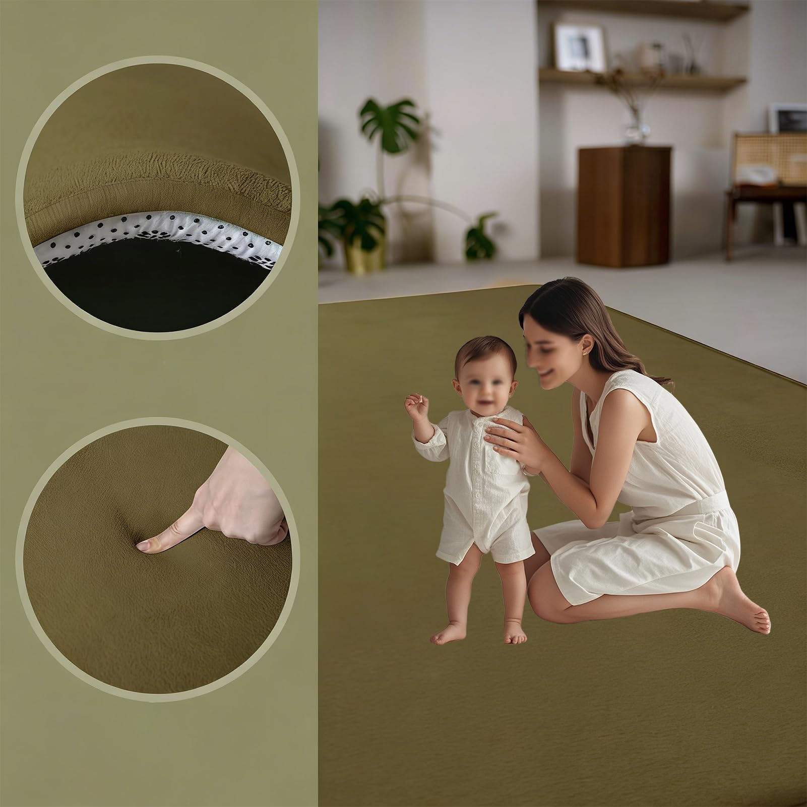Tappeto Gioco Bambini 3 cm 150 x 200 cm Verde Militare, Pieghevole e Lavabile Tappetone Neonato con Fondo Antiscivolo Tappetino Gattonare Bambini in Velluto di Corallo per Gattonamento per Box