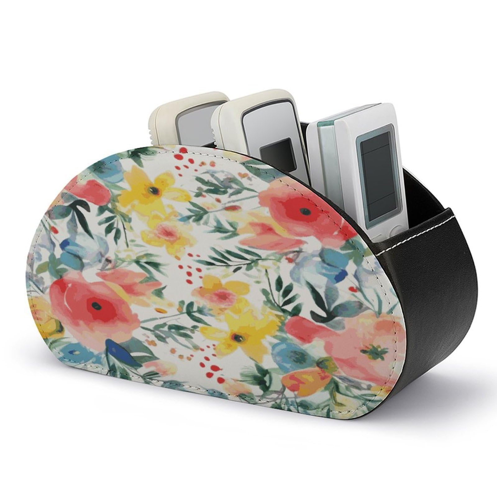 JTREHY Bright Floral Watercolor Remote Control Holder 5 Compartments Remote Caddy Tray PU Leather TV Remoter Storage Box Bedside Table Storage Organizer Office Desk Storage Case