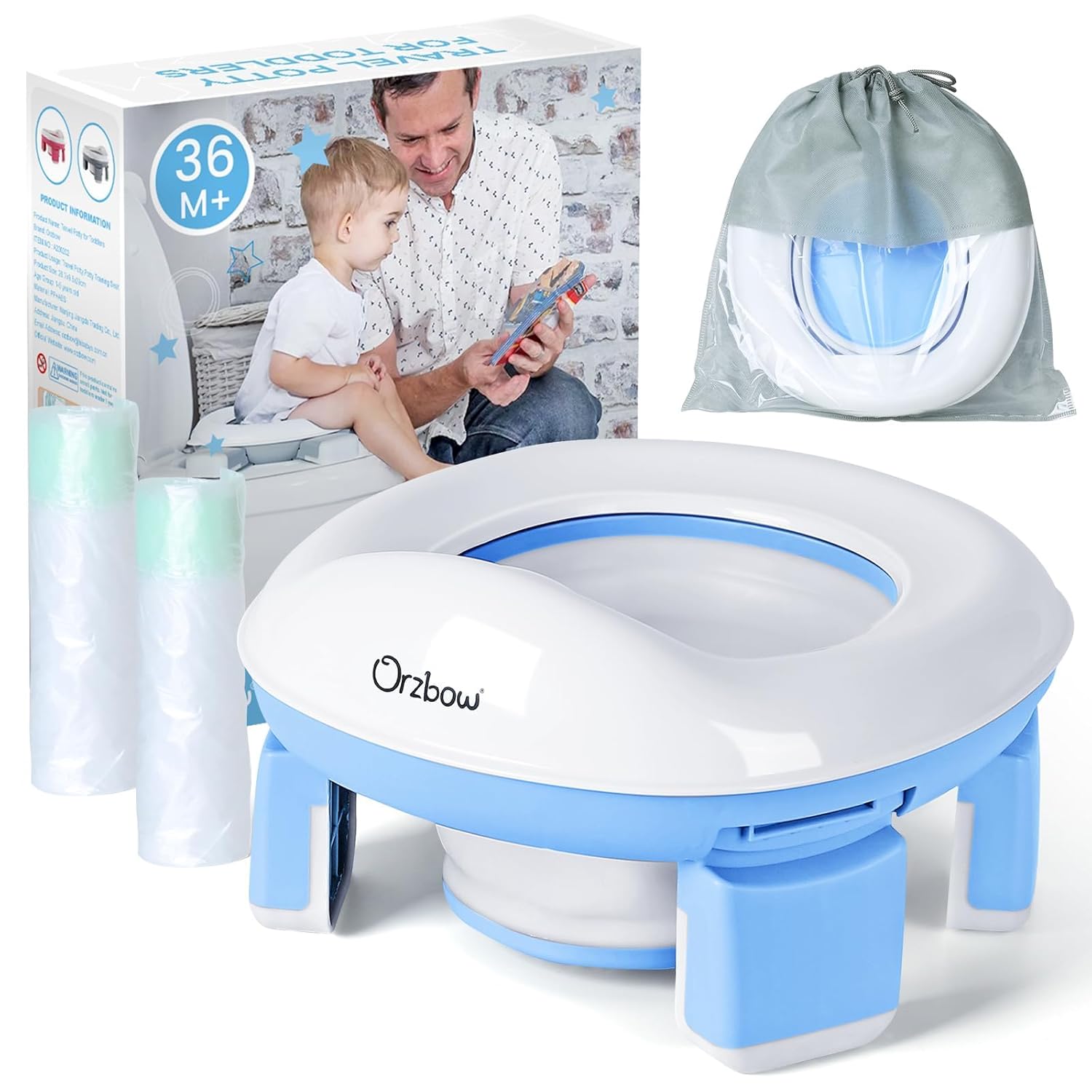 Orzbow Portable Potty Training Toilet for Boys and Girls with Storage Bag - Foldable Travel Potty Chair, Toddler Potty Seat for Indoor and Outdoor, Easy to Clean, Includes Free 40pcs Travel