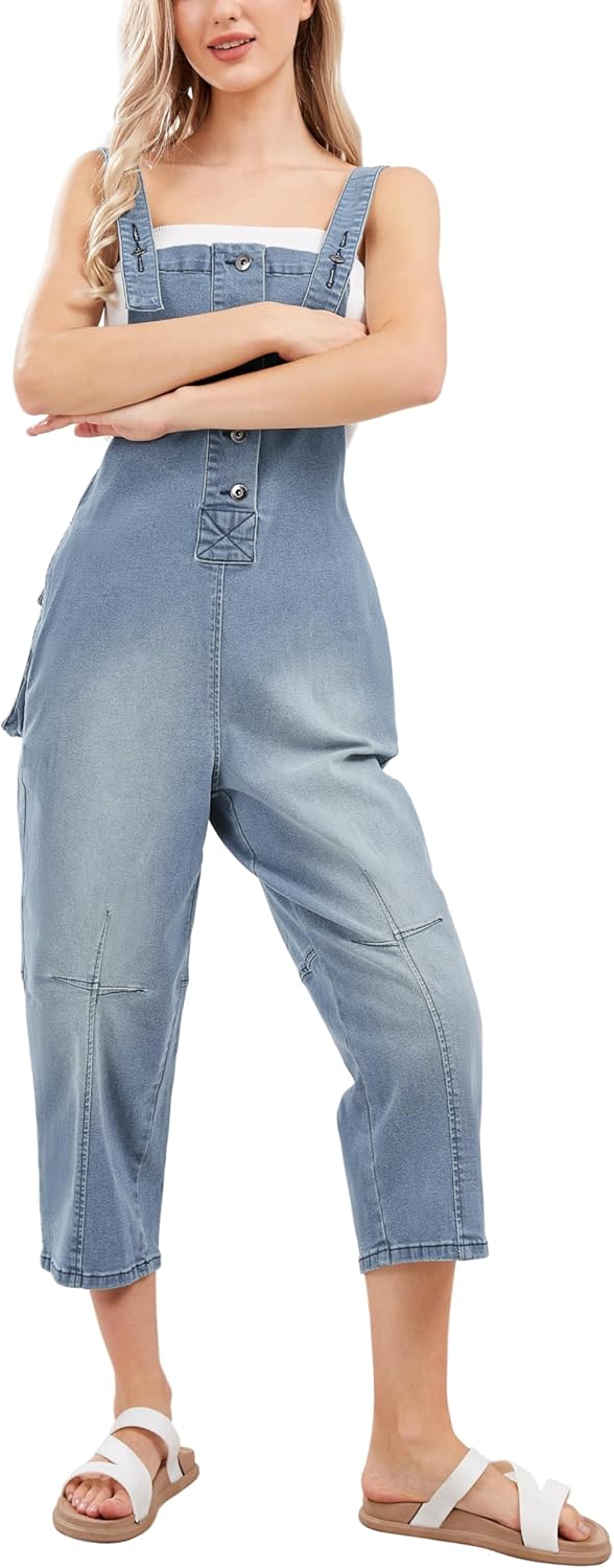 CHARTOU Women's Casual Loose Fit Jean Jumpsuit Overalls Crop Harem Denim Pants - Image 4