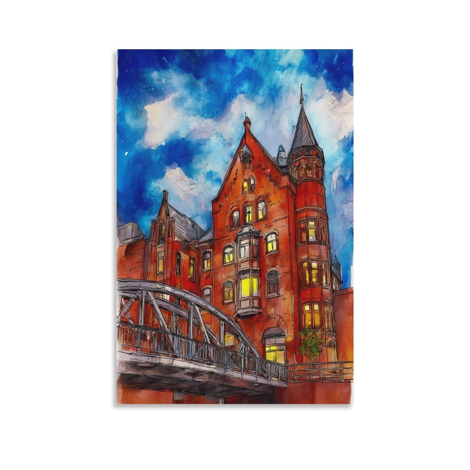 Lcynnh Unframe-Style Hamburg Germany 24X36inch(60X90cm) Vintage Travel Poster Watercolor Canvas Art