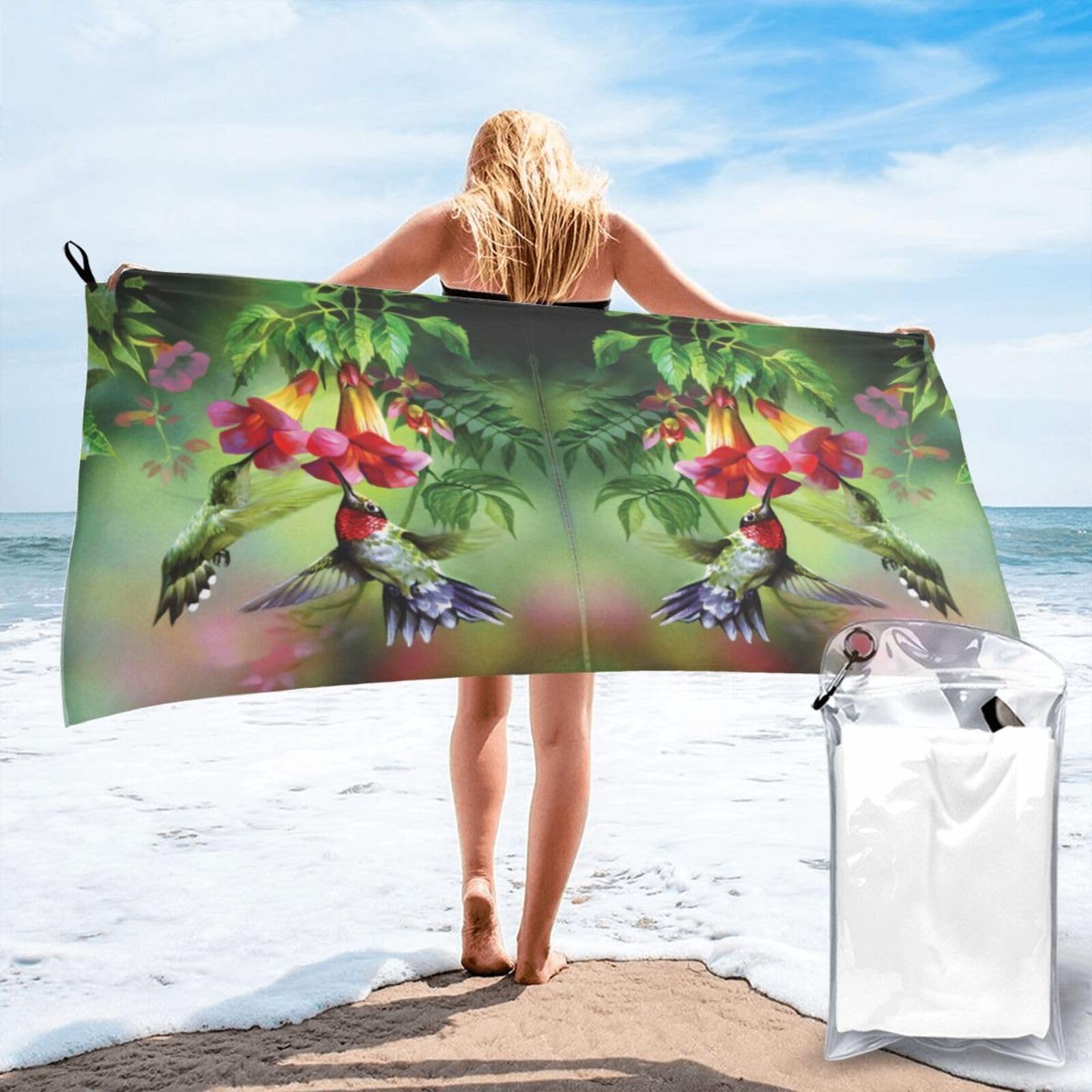 KAPPTYY Hummingbird Flowers Print Quick Dry Towel Bath Shower Beach Wrap For Gym Vacation Adults