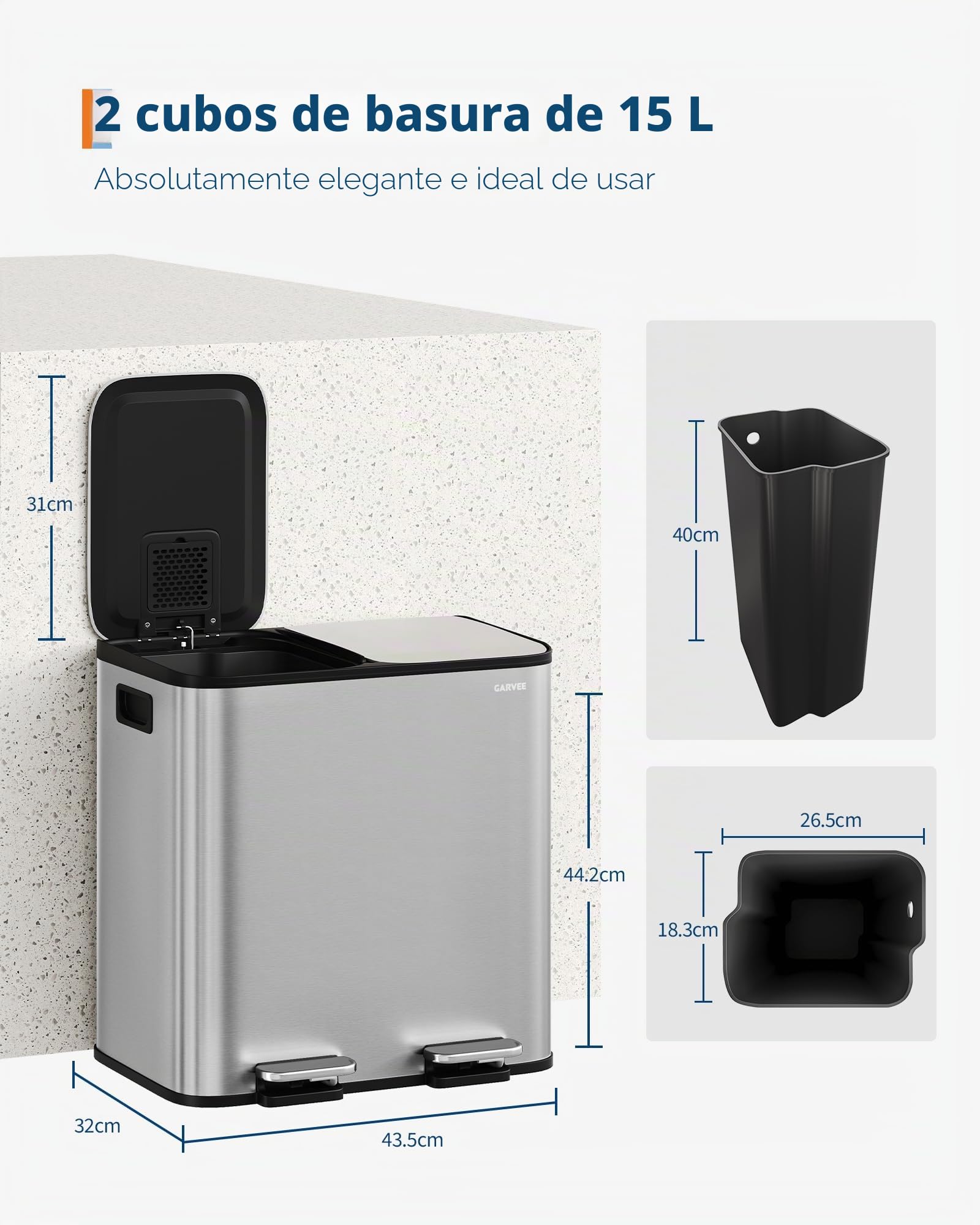 GarveeHome Cubo De Cocina 2x15L Separación Residuos, Pedal Acero Inoxidable, Pedales Independientes, Cierre Amortiguado, Cubos Internos Extraíbles, Reciclaje Residuos Orgánicos (Acero inoxidable)