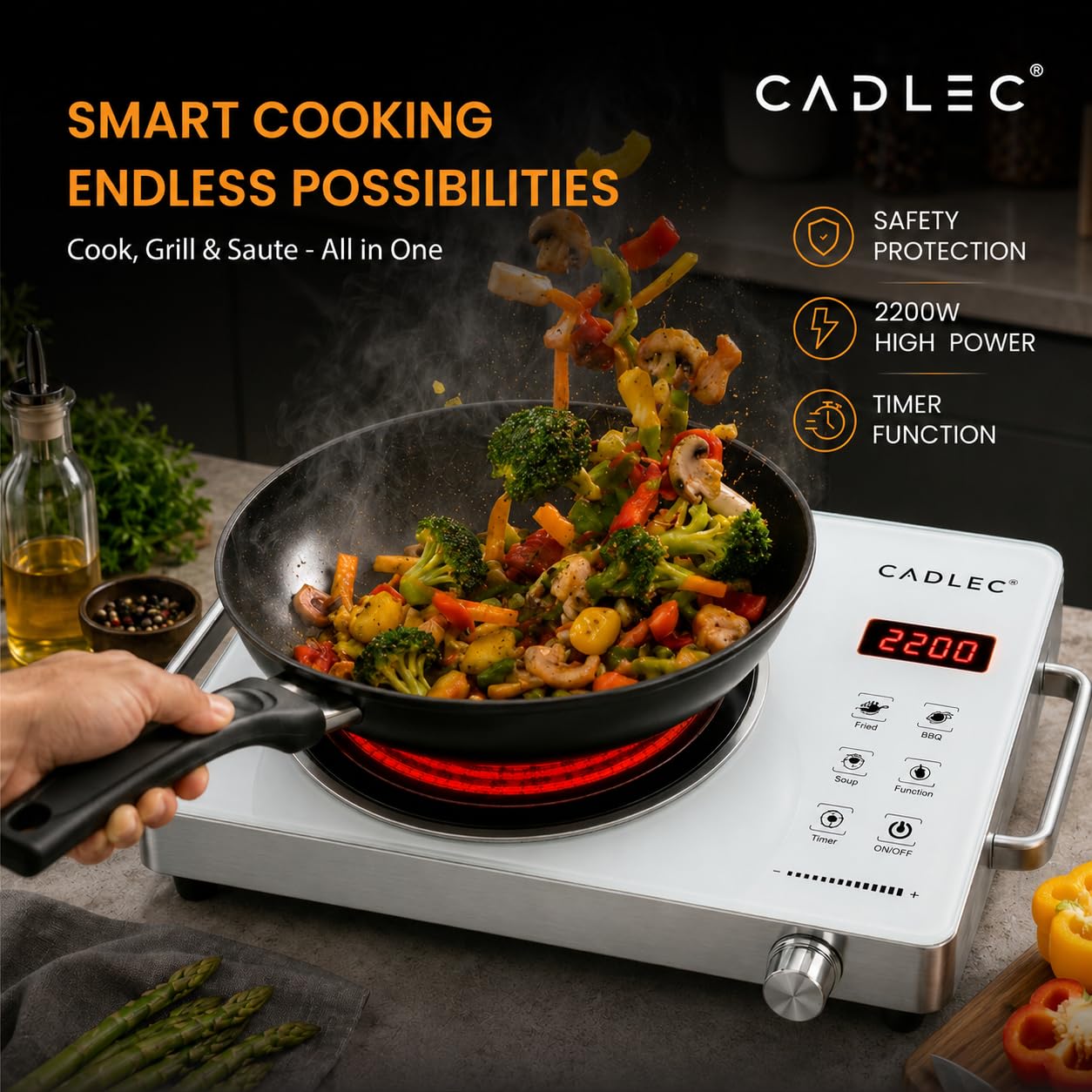 Cadlec HeatBlaze 2200W Infrared Cooktop Stove with Grill Rack for Barbecue, Crystal Glass Plate, Digital Display, Touch Control, Infrared Hot Plate (Silver) 71l3 FRbPLL. SL1254