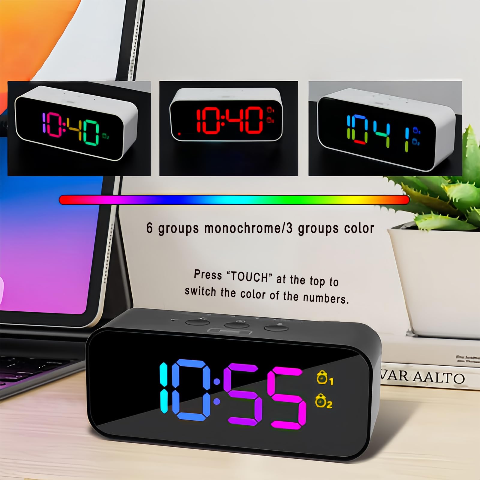 Orologio digitale con display RGB a colori, controllo vocale, multifunzione, LED, registrazione vocale, sveglia, retroilluminazione regolabile, funzione snooze 12/24 ore, presa per