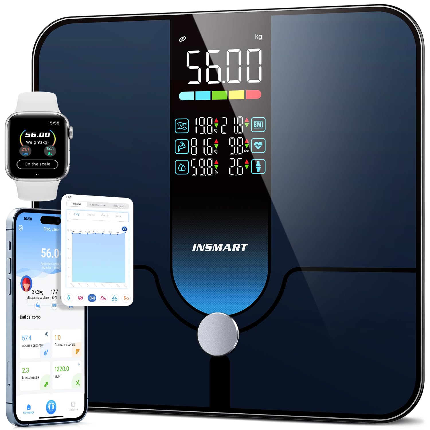 Bilancia Intelligente INSMART Per Il Peso Corporeo, Bilancia Per Grasso Corporeo Con Ampio Display, Bilancia Da Bagno Bluetooth Ad Alta Precisione Da 227 Kg/500 Libbre 30x30 Cm, Può Misurare 18 Dati